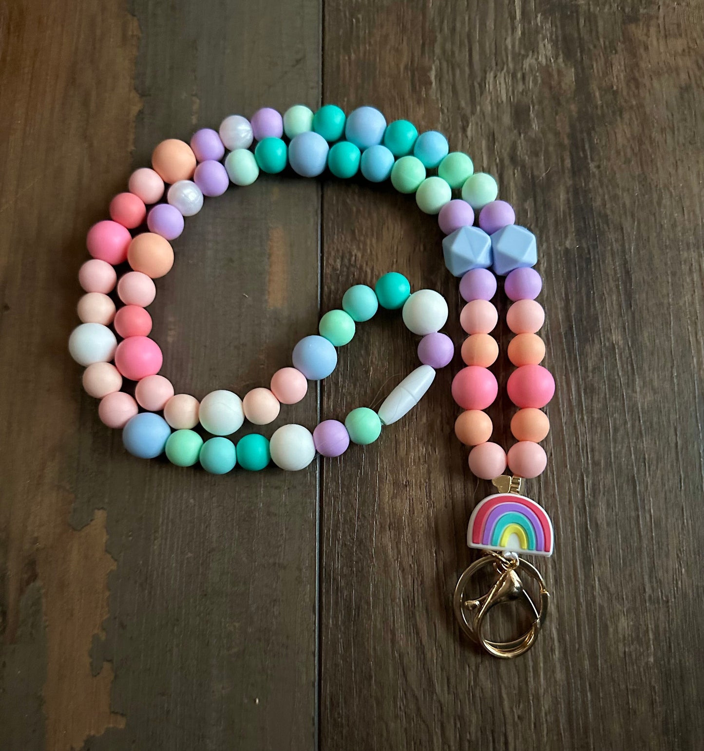Silicone bead pastel rainbow pattern lanyard for teachers nurses id badge holder customizable lanyard teacher appreciation gift kids school