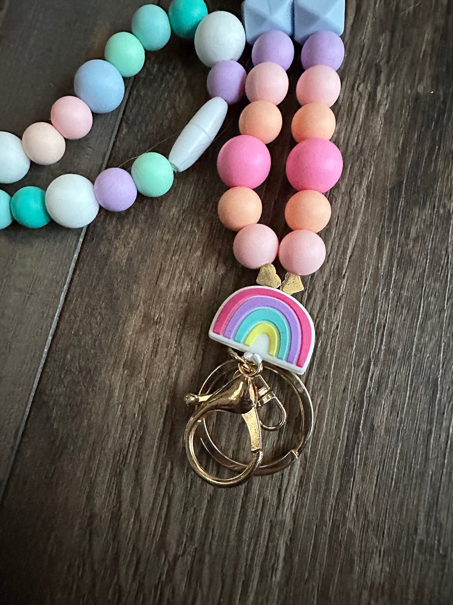 Silicone bead pastel rainbow pattern lanyard for teachers nurses id badge holder customizable lanyard teacher appreciation gift kids school