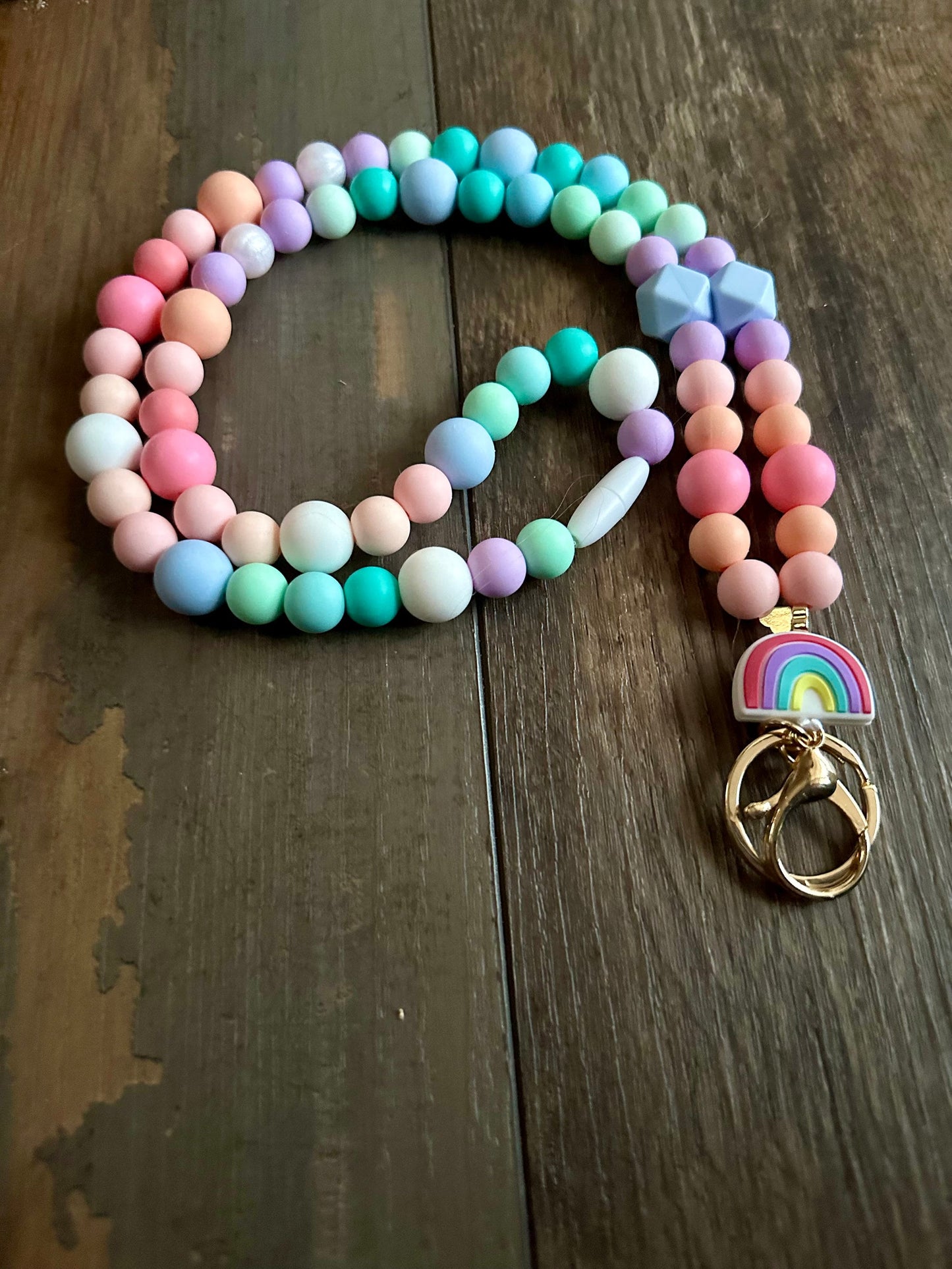 Silicone bead pastel rainbow pattern lanyard for teachers nurses id badge holder customizable lanyard teacher appreciation gift kids school