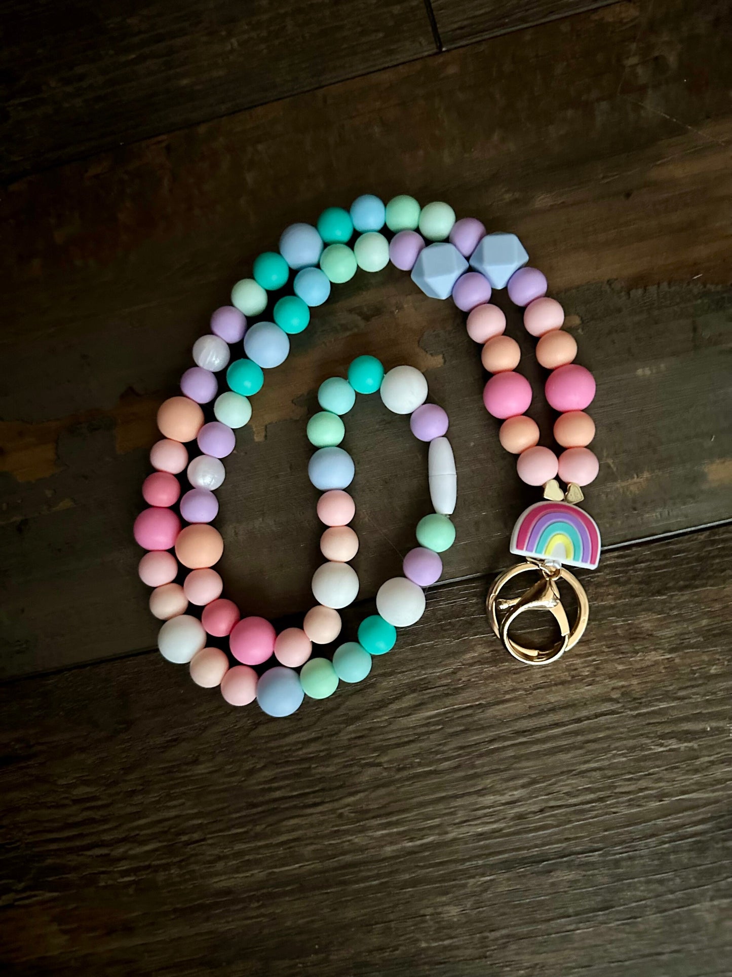 Silicone bead pastel rainbow pattern lanyard for teachers nurses id badge holder customizable lanyard teacher appreciation gift kids school