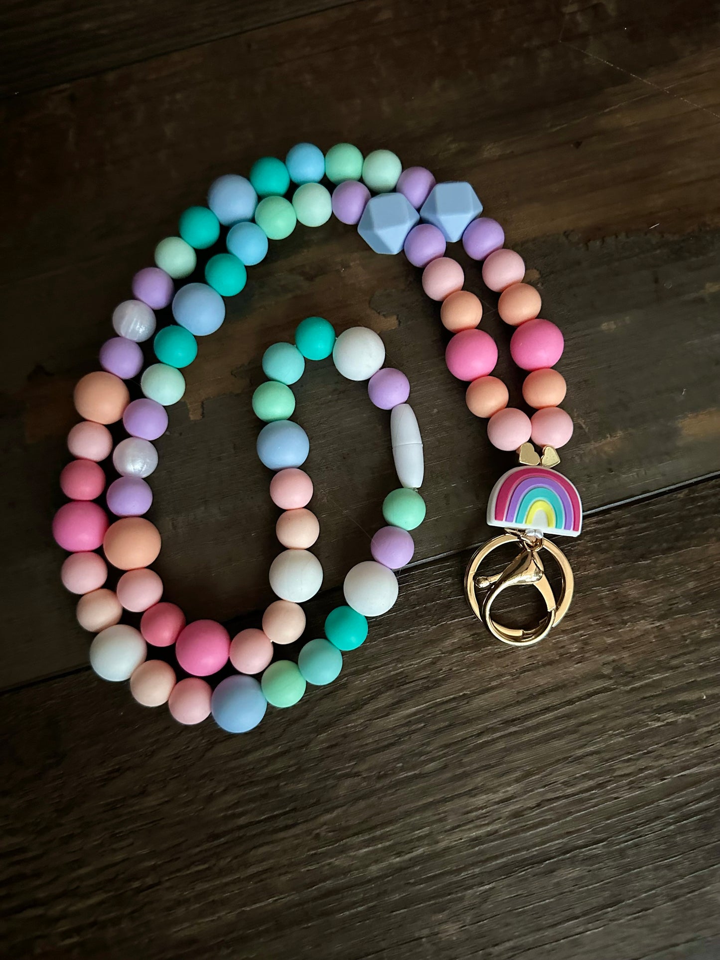 Silicone bead pastel rainbow pattern lanyard for teachers nurses id badge holder customizable lanyard teacher appreciation gift kids school