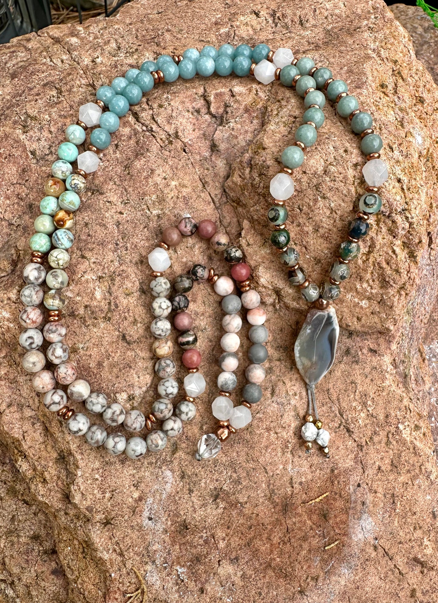 Gemstone mala rare natural healing stone necklace wrapped bracelet jewelry gift for her meditation yoga practice 108 bead mala prayer bangle