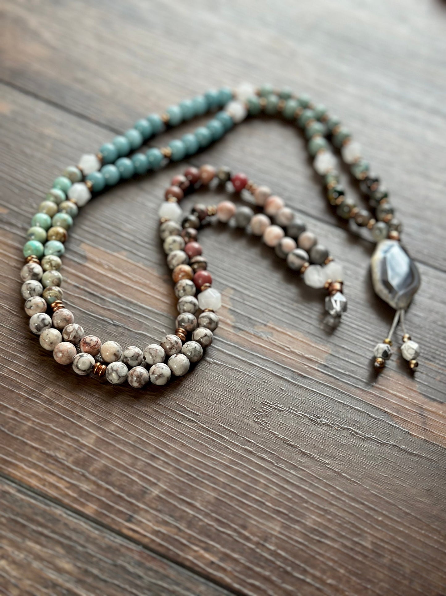 Gemstone mala rare natural healing stone necklace wrapped bracelet jewelry gift for her meditation yoga practice 108 bead mala prayer bangle