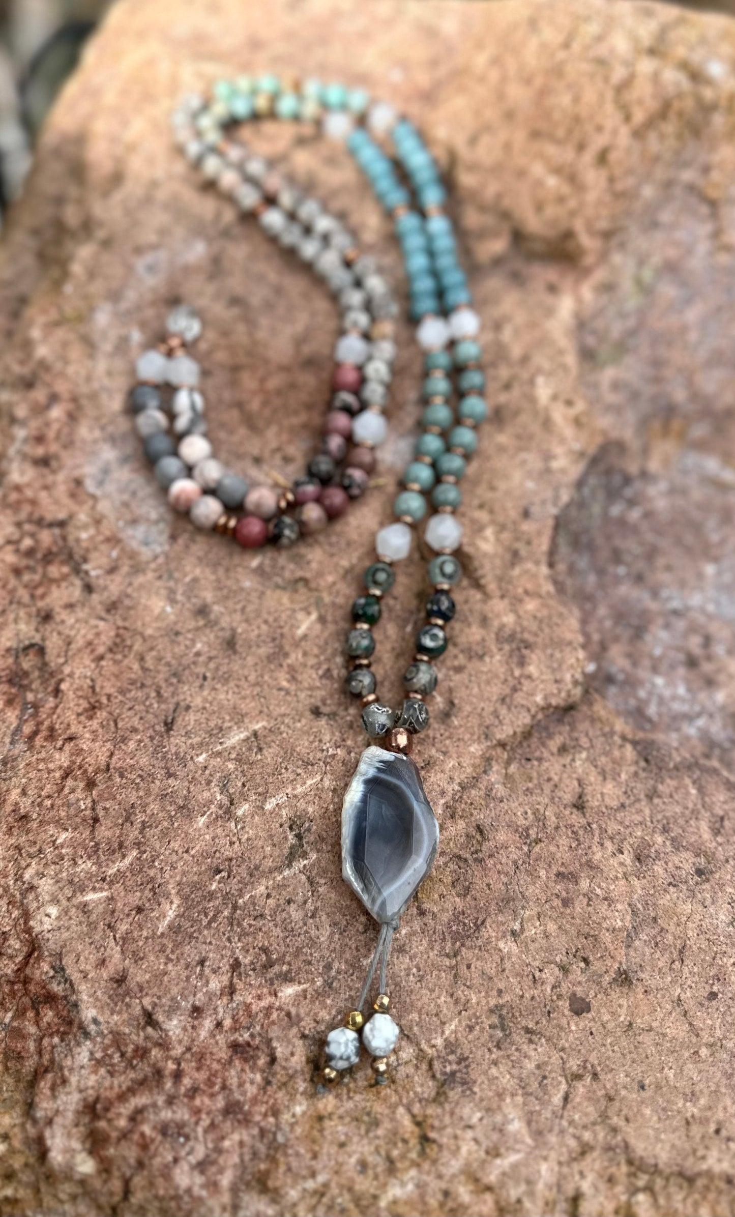 Gemstone mala rare natural healing stone necklace wrapped bracelet jewelry gift for her meditation yoga practice 108 bead mala prayer bangle