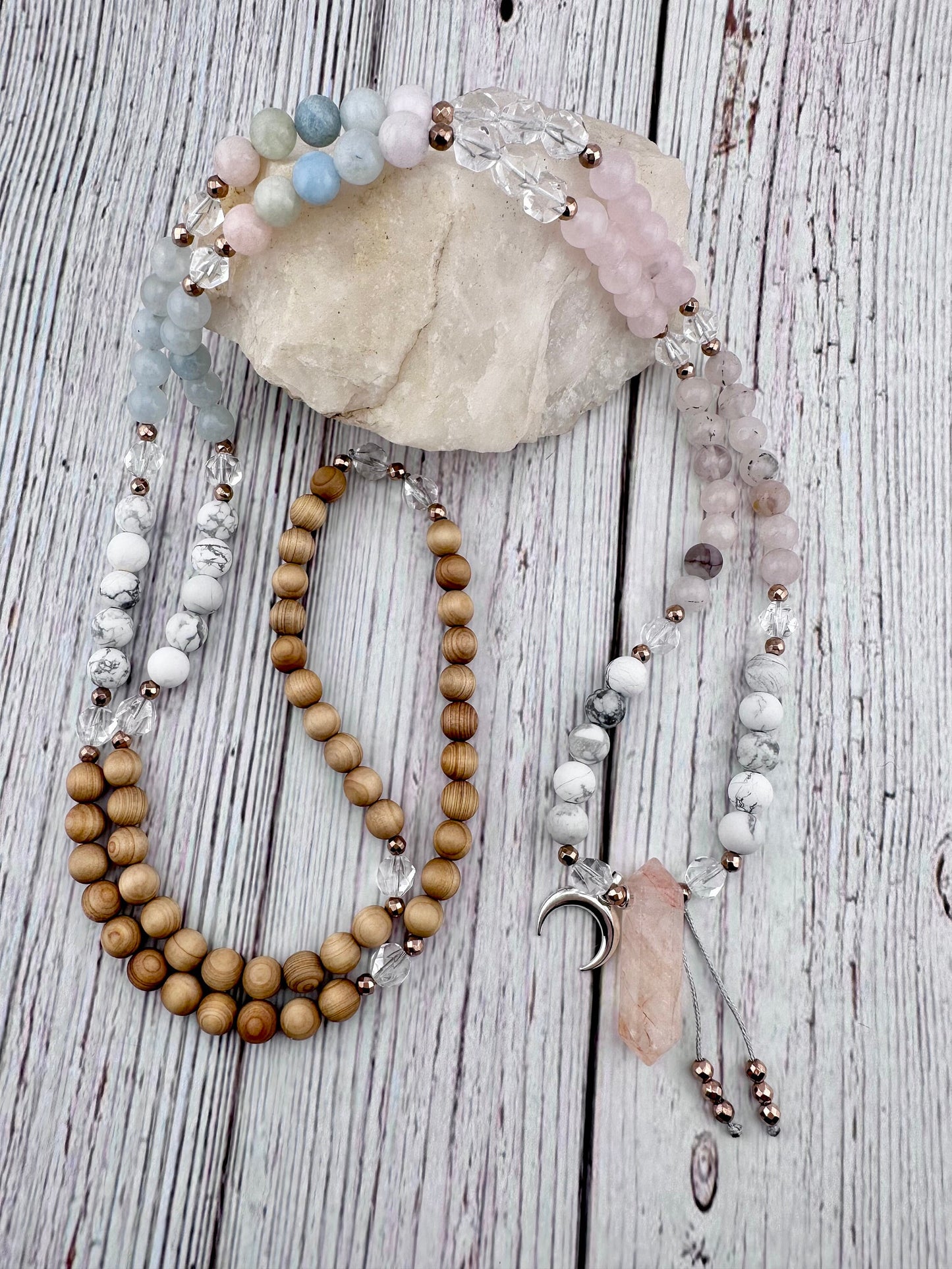Emotional trauma healing Gemstone mala breakup recovery tool wood Mala necklace layered bracelet jewelry gift for her meditation yoga supply