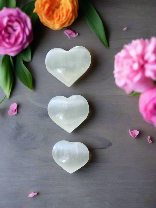 Pure Selenite Heart Palm & Thumb Stones ~ Anti anxiety calming Crystals, home decor