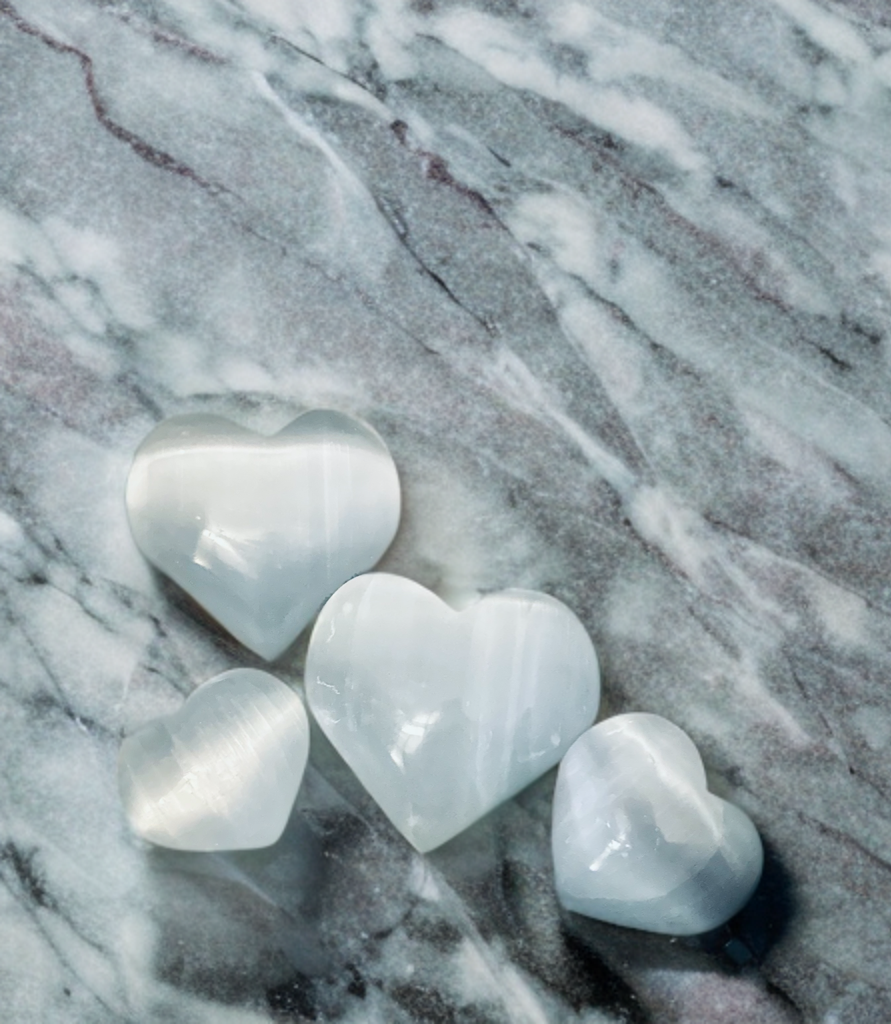 Pure Selenite Heart Palm & Thumb Stones ~ Anti anxiety calming Crystals, home decor