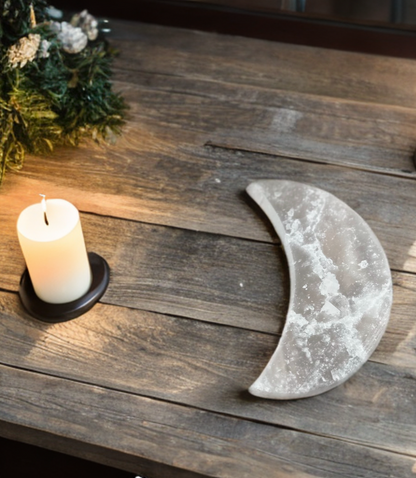 Natural Genuine Selenite moon Charging plates, crescent and full moon selenite plates for decor charging crystals candle plate natural healing and protective Selenite plates, moon phase decor