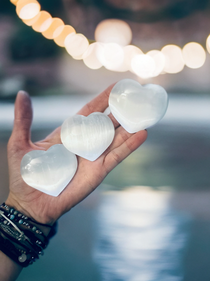 Pure Selenite Heart Palm & Thumb Stones ~ Anti anxiety calming Crystals, home decor