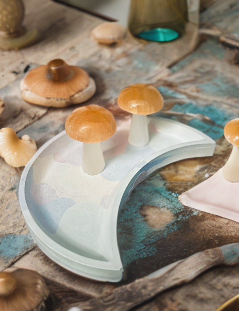 Pure Selenite Crystal Mushrooms! Tangerine and white Selenite table mushrooms ~ Whimsical and adorable table top decor!