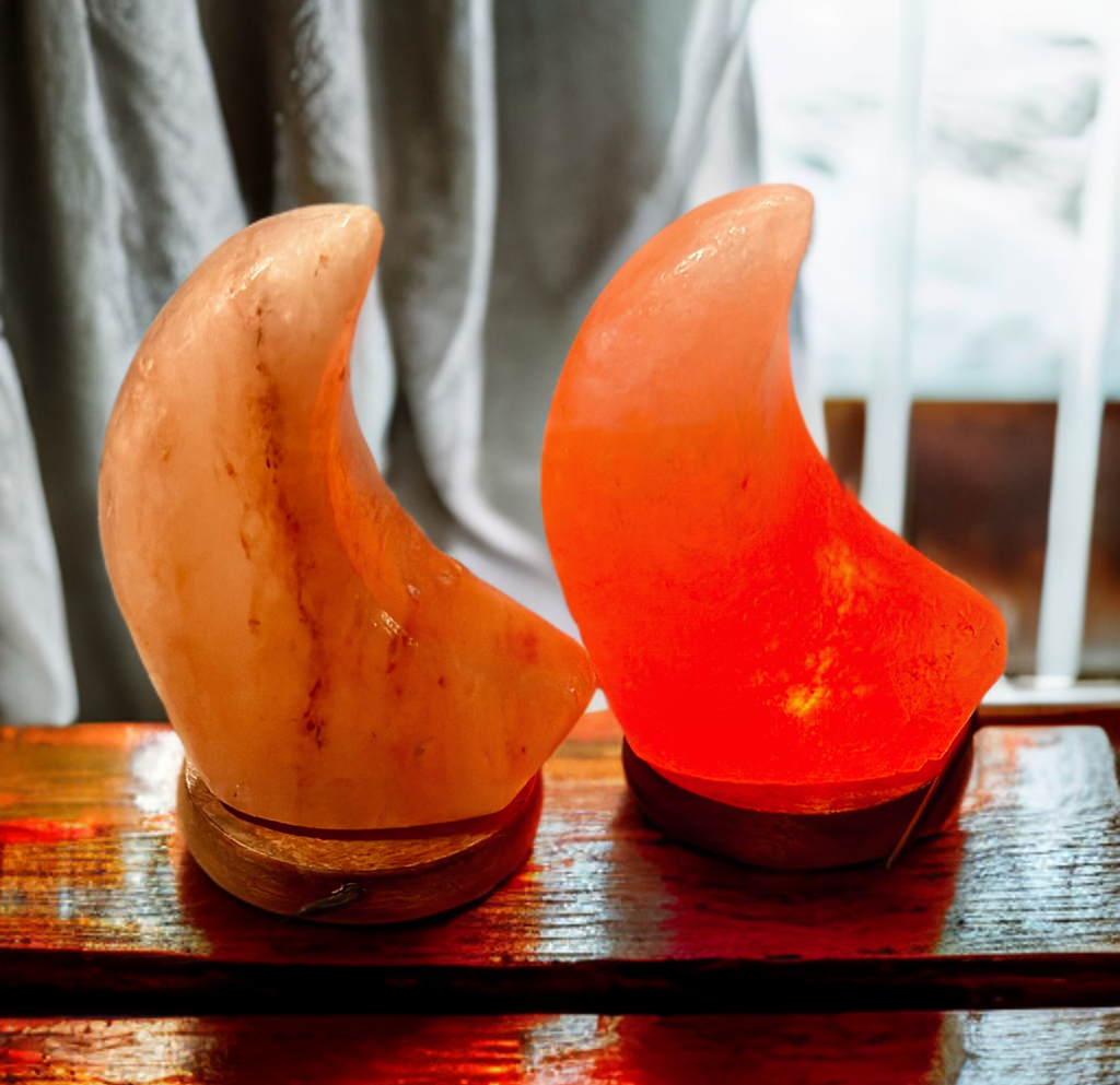 Himalayan, sea salt, crescent, moon, lamp, gorgeous, soft glow lamp, perfect, for any room on wood base, home, decor, nursery, decor, calming moon ￼