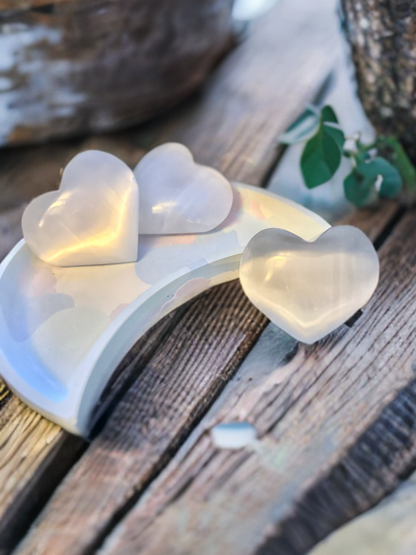 Pure Selenite Heart Palm & Thumb Stones ~ Anti anxiety calming Crystals, home decor