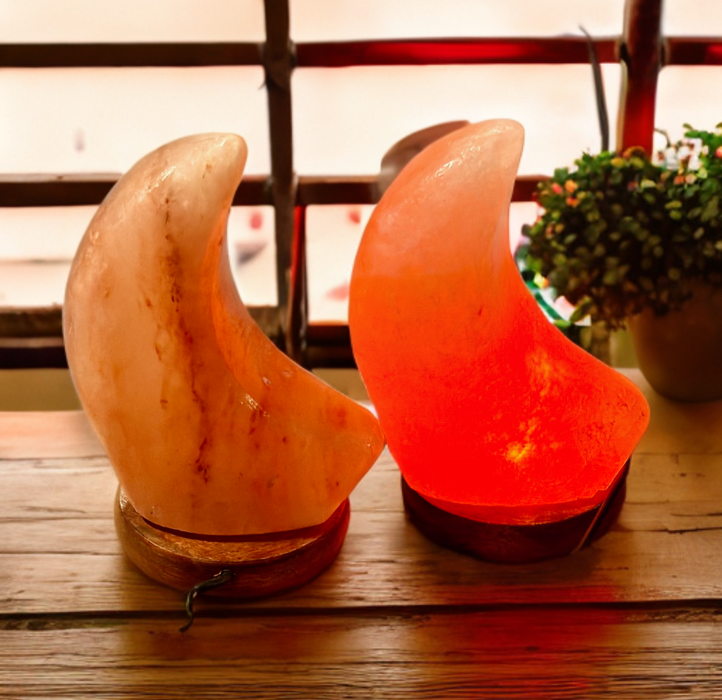 Himalayan, sea salt, crescent, moon, lamp, gorgeous, soft glow lamp, perfect, for any room on wood base, home, decor, nursery, decor, calming moon ￼