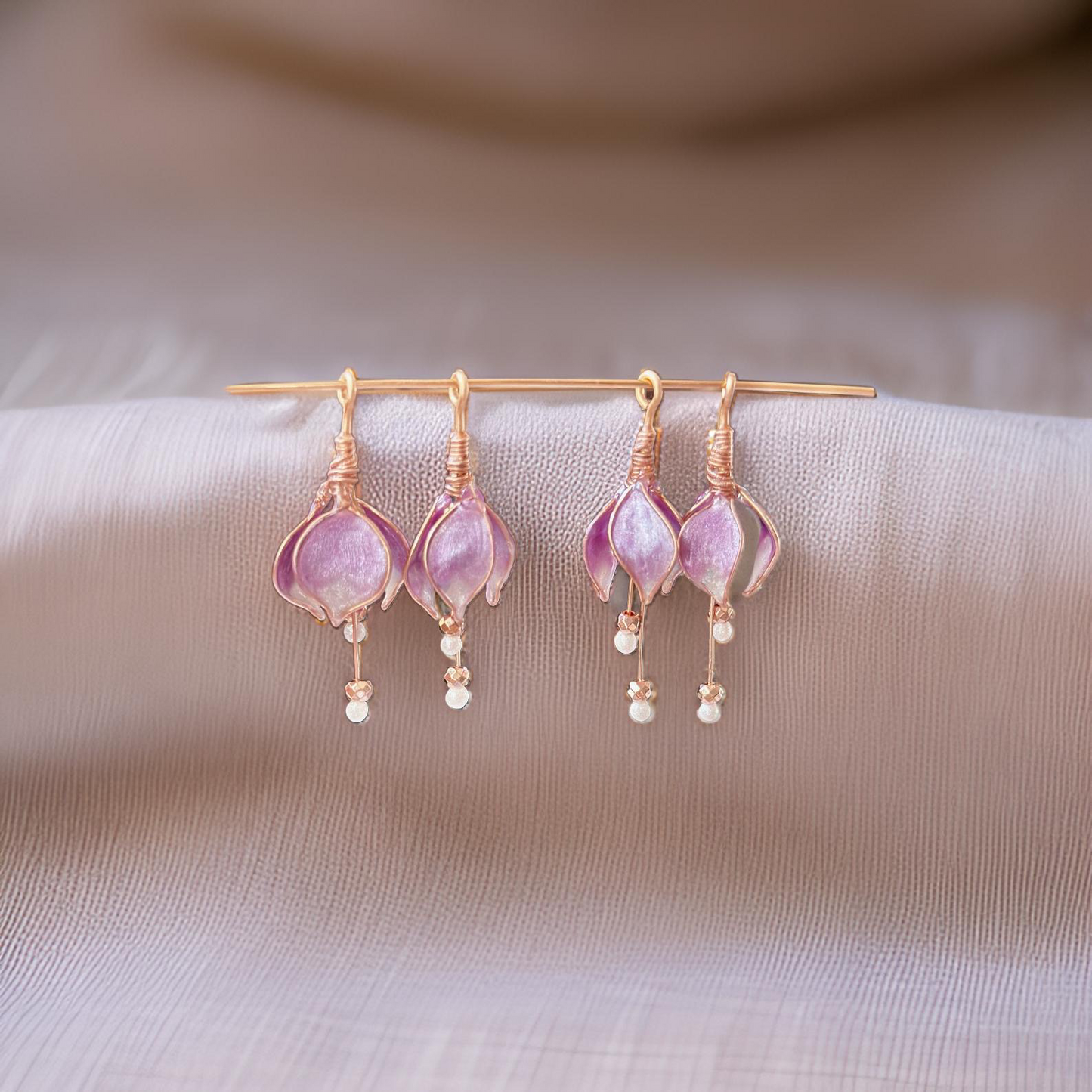 Custom Handmade Copper wire and epoxy resin drop flower dangle earrings jewelry gift glass tear drop bead delicate floral hematite gem pink