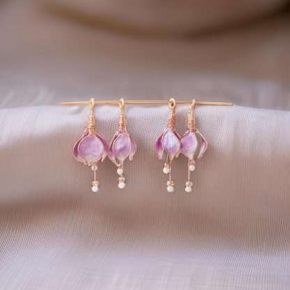 Custom Handmade Copper wire and epoxy resin drop flower dangle earrings jewelry gift glass tear drop bead delicate floral hematite gem pink