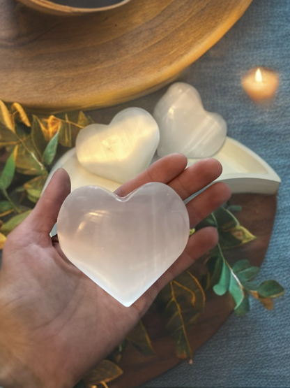 Pure Selenite Heart Palm & Thumb Stones ~ Anti anxiety calming Crystals, home decor