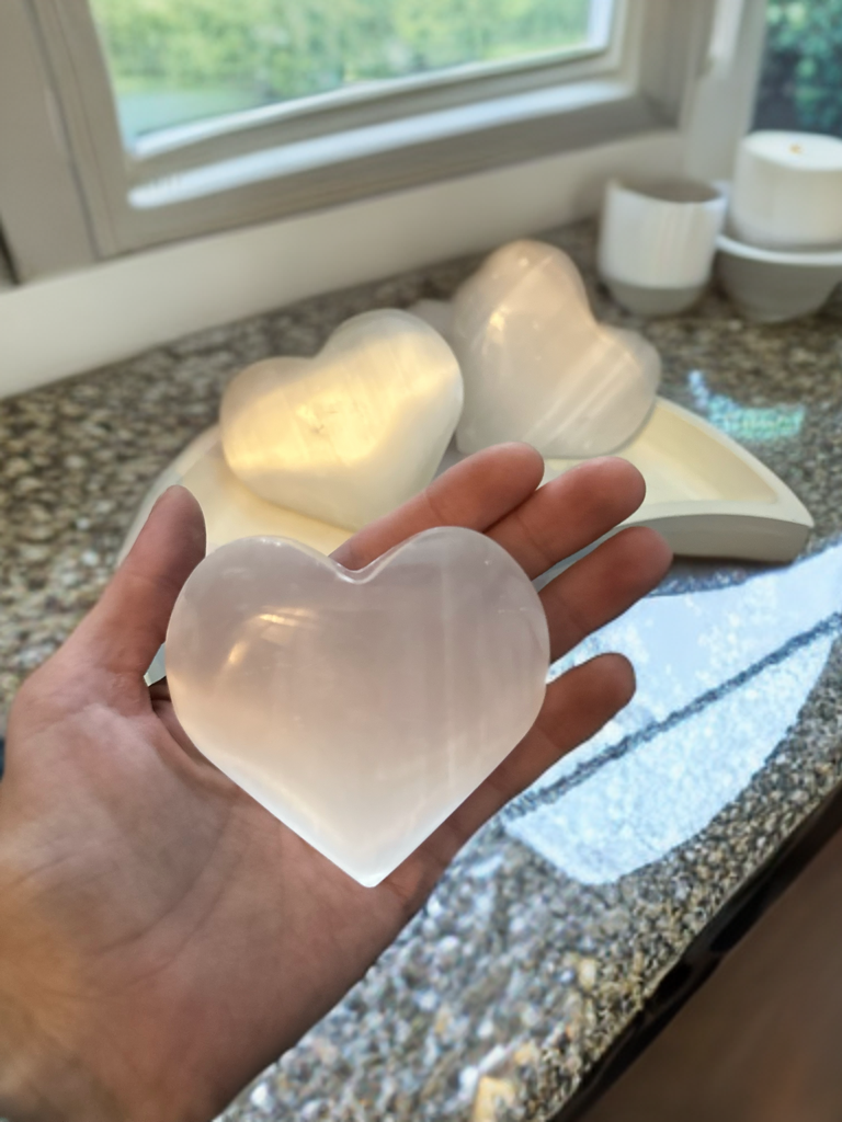 Pure Selenite Heart Palm & Thumb Stones ~ Anti anxiety calming Crystals, home decor