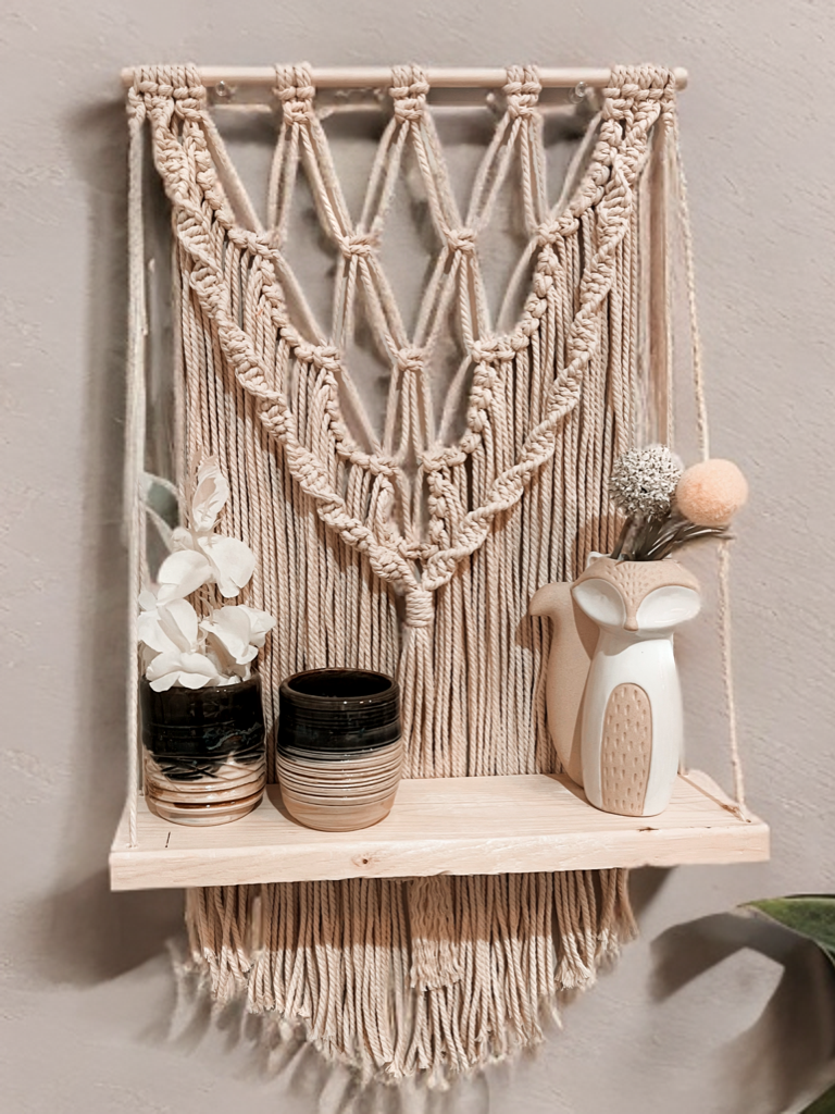 Large macrame shelf macrame design whitewood shelf pattern boho design storage home decor bathroom gift shower party custom decor shelf art