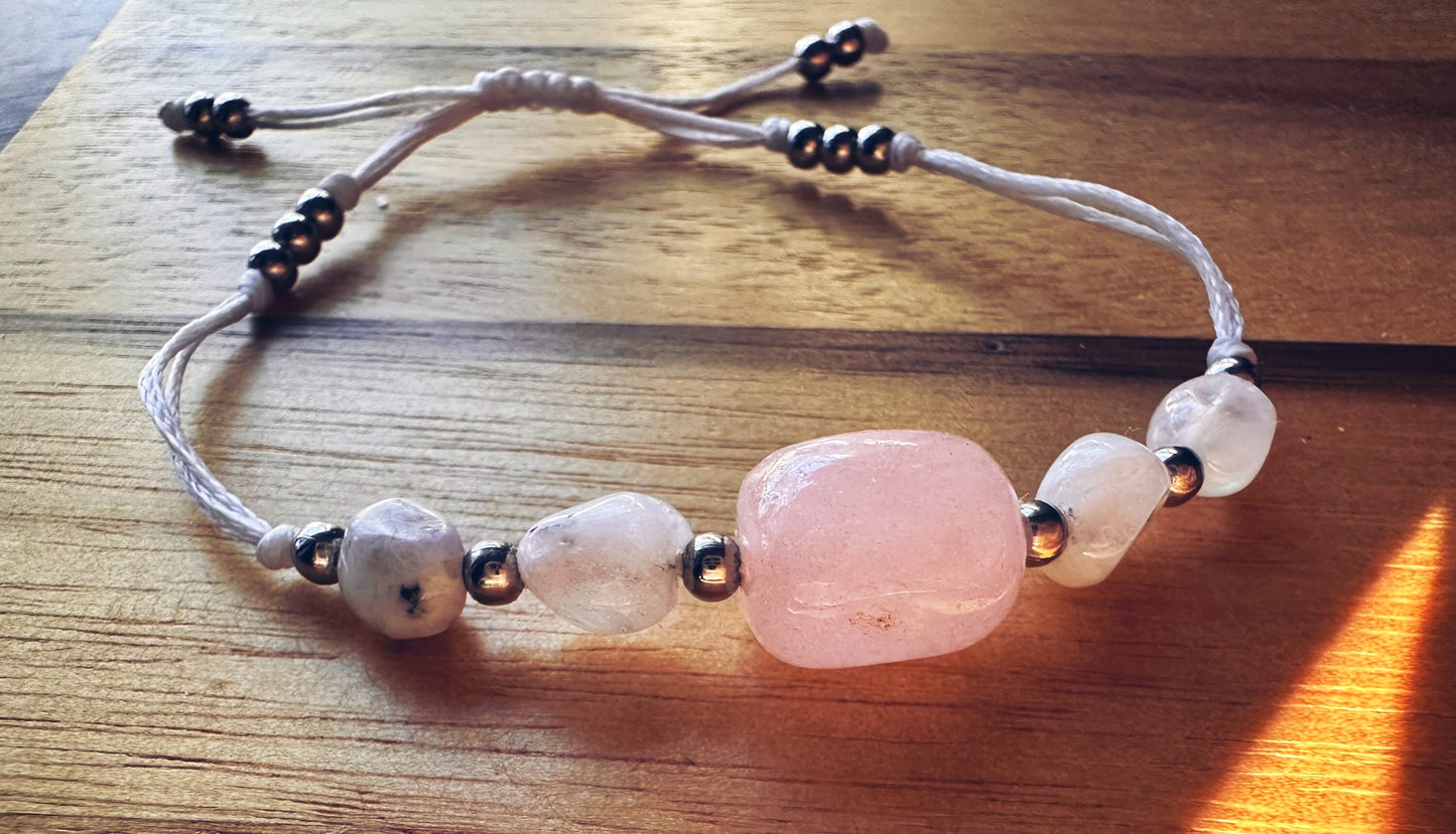 Natural gemstone adjustable delicate bracelet for women boho minimalistic jewelry gift for her pink and white anniversary present for wife. Teachers appreciation gift, gift for wife. high school student gift Moonstone, and morganite gemstone bracelet