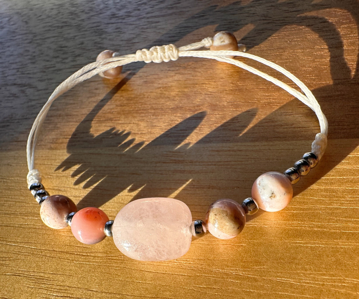 Natural Peach Morganite, and Peruvian opal “Joy and Balance” adjustable waxed cord, bracelet, jewelry