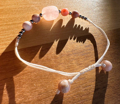 Natural Peach Morganite, and Peruvian opal “Joy and Balance” adjustable waxed cord, bracelet, jewelry