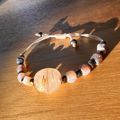 Natural gemstone and Quartz “Ultimate Protection and Vitality” bracelet, Golden yellow Rutile Quartz, Matte Cracked Dragon Vein Fire Agate