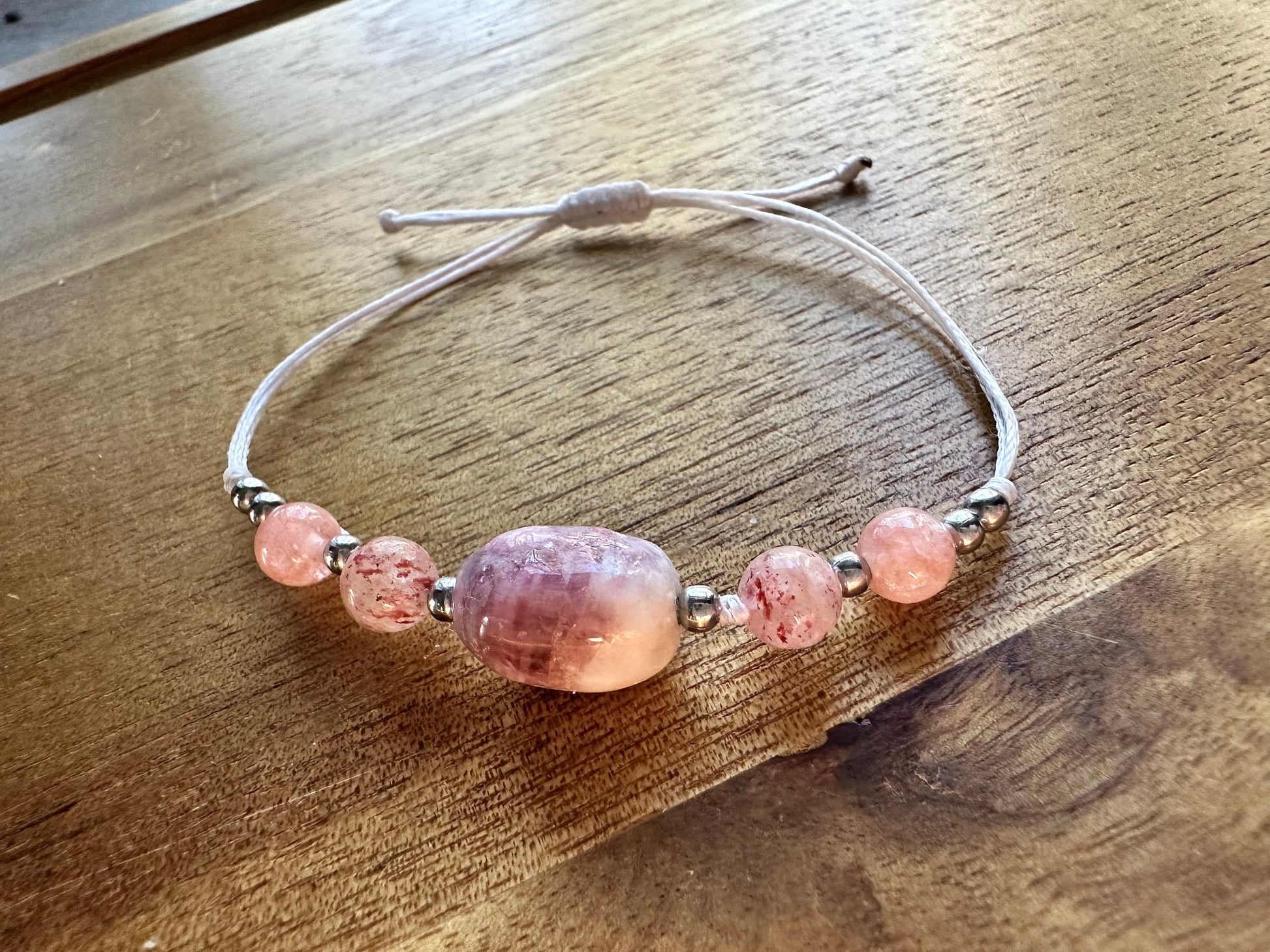 Natural gemstone bracelet, purple and white tourmaline large stone, with strawberry quartz, and sunstone beads, crystal, gemstone bracelet