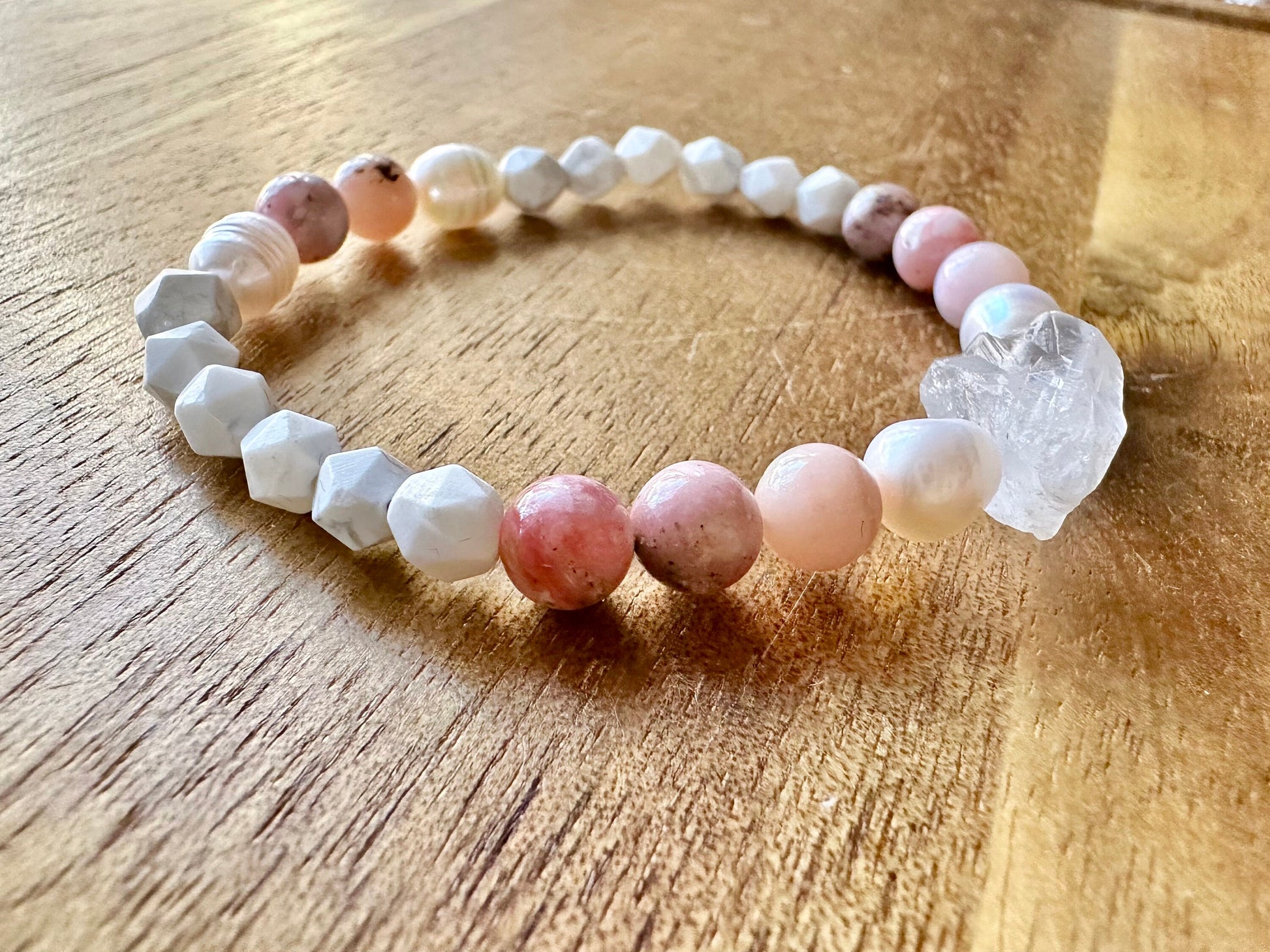 Gorgeous Hollandite Crystal Quartz, Pink Opal, Howlite, and fresh water pearl bracelet, jewelry, Gemstone, Opal, Pearl, beaded bracelet,