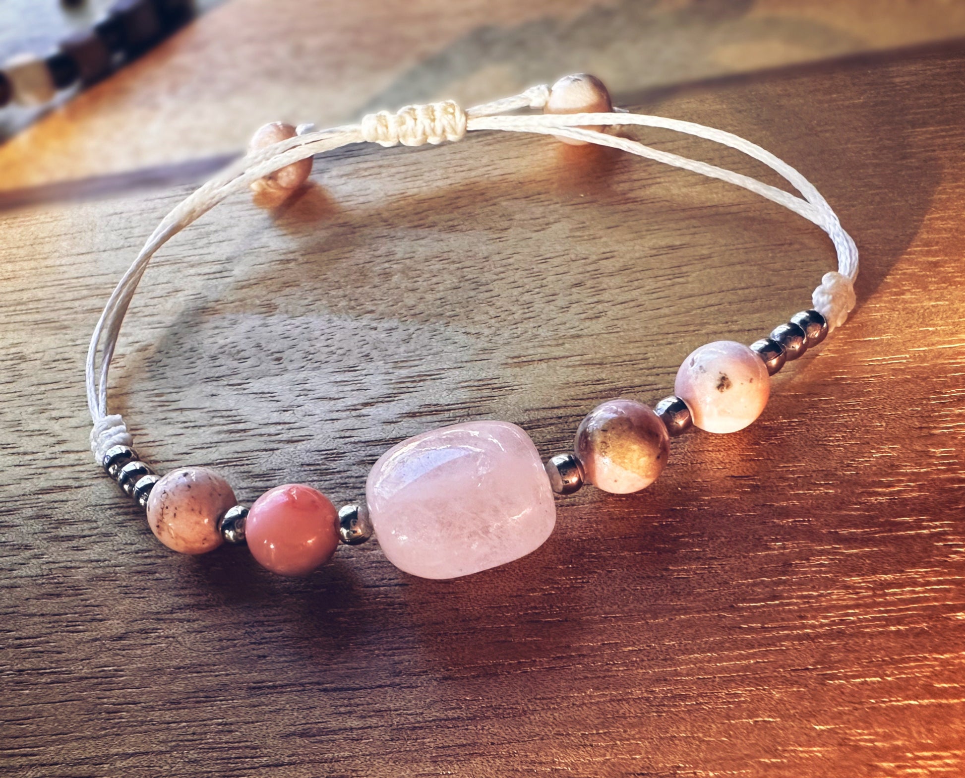 Natural Peach Morganite, and Peruvian opal “Joy and Balance” adjustable waxed cord, bracelet, jewelry