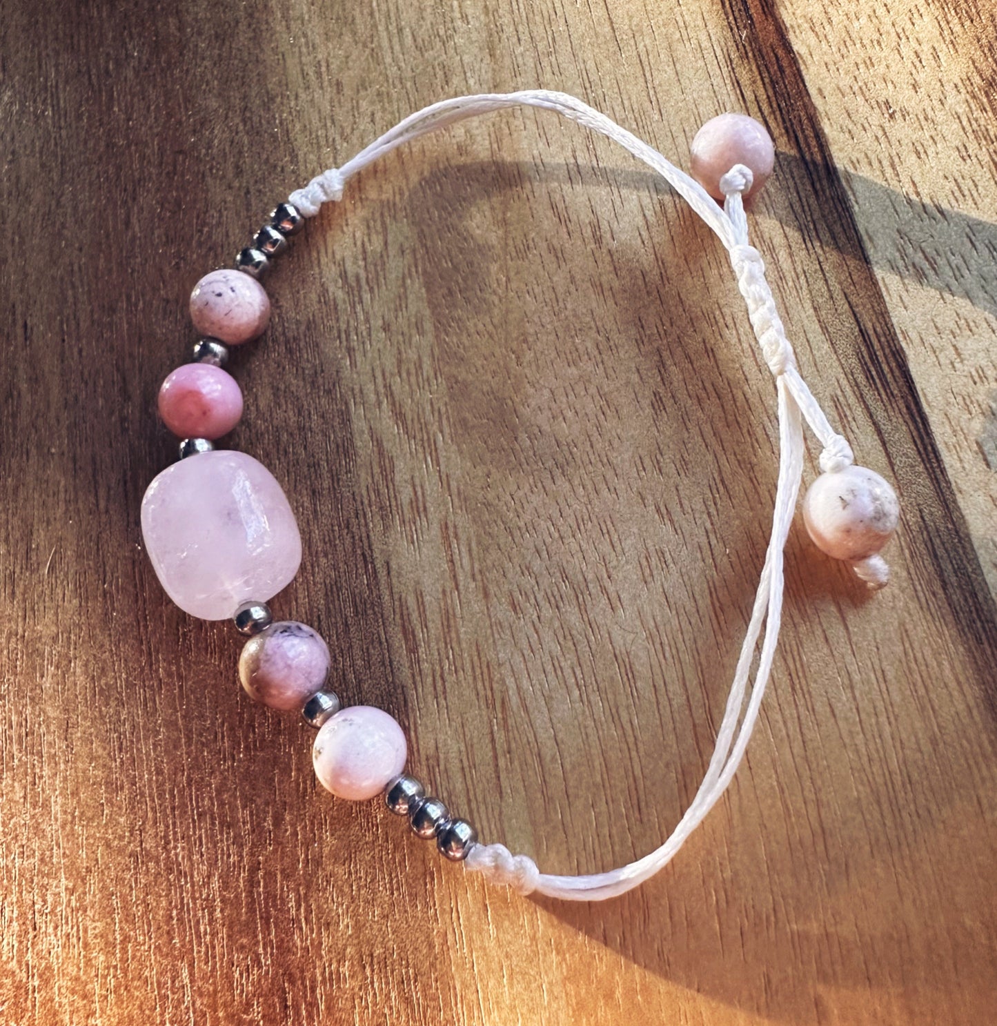 Natural Peach Morganite, and Peruvian opal “Joy and Balance” adjustable waxed cord, bracelet, jewelry