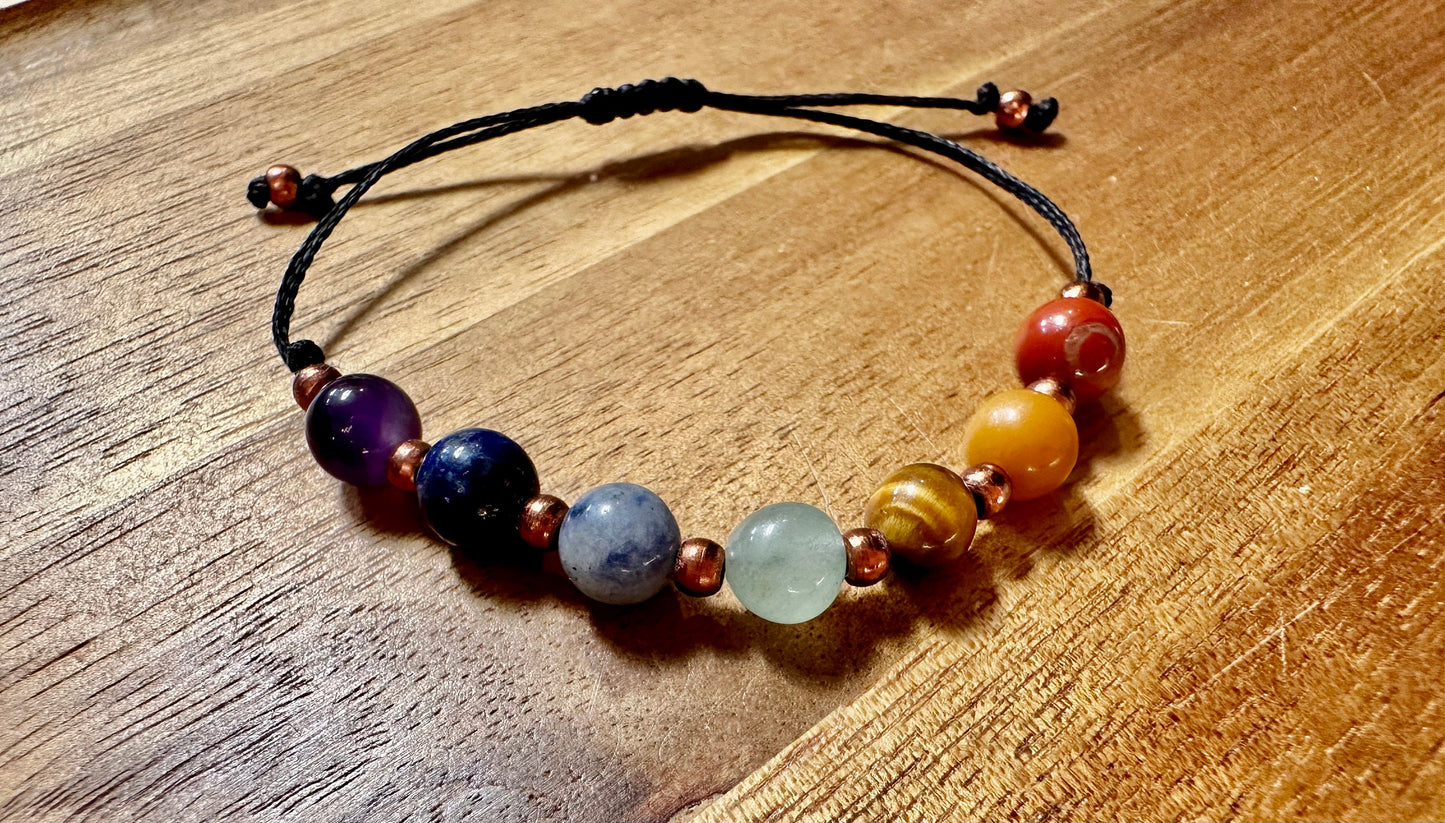 Woven, and unwoven delicate Chakra bracelet, Healing bracelet, Chakra stones, Gemstones, Chakra stones with Copper spacer beads,