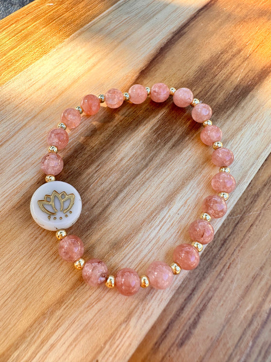 Lotus pendant bracelet, with Sunstone gemstones, and gold spacer beads, real Sunstone gems, healing stones, Lotus flower pendant