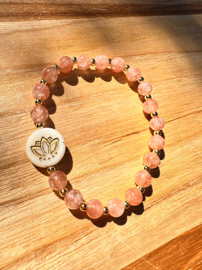 Lotus pendant bracelet, with Sunstone gemstones, and gold spacer beads, real Sunstone gems, healing stones, Lotus flower pendant