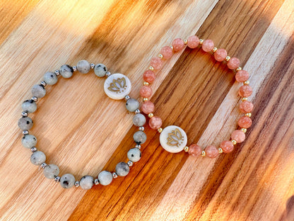 Lotus pendant bracelet, with Sunstone gemstones, and gold spacer beads, real Sunstone gems, healing stones, Lotus flower pendant