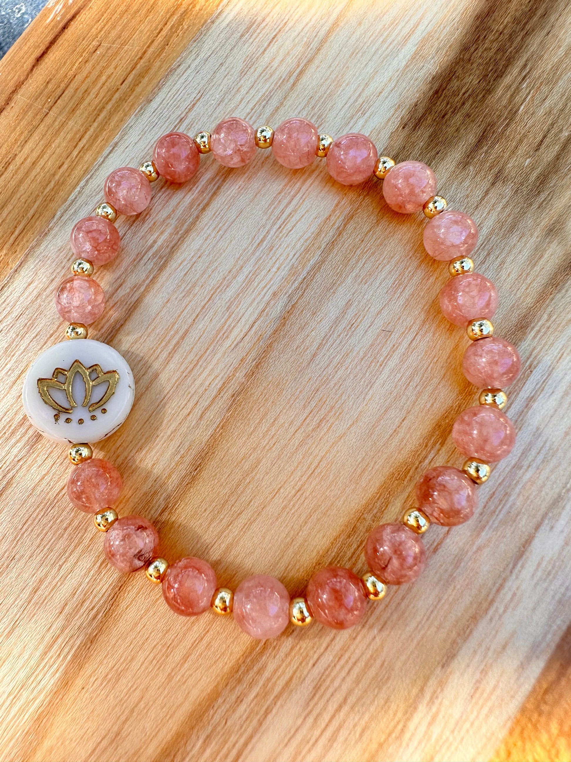 Lotus pendant bracelet, with Sunstone gemstones, and gold spacer beads, real Sunstone gems, healing stones, Lotus flower pendant