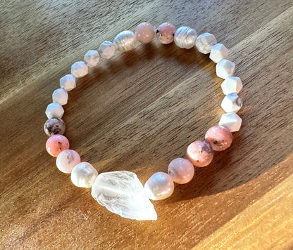 Gorgeous Hollandite Crystal Quartz, Pink Opal, Howlite, and fresh water pearl bracelet, jewelry, Gemstone, Opal, Pearl, beaded bracelet,