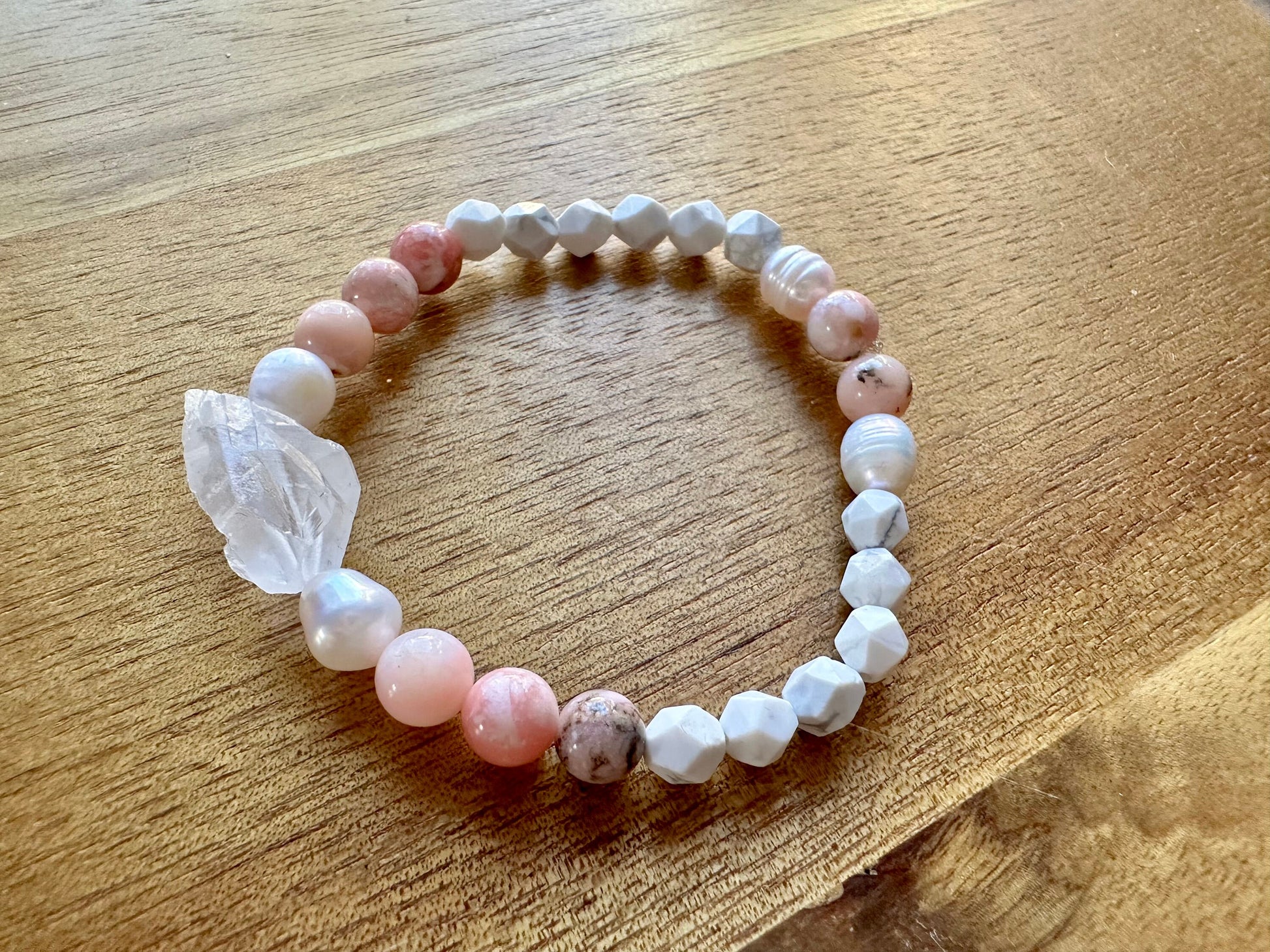 Gorgeous Hollandite Crystal Quartz, Pink Opal, Howlite, and fresh water pearl bracelet, jewelry, Gemstone, Opal, Pearl, beaded bracelet,