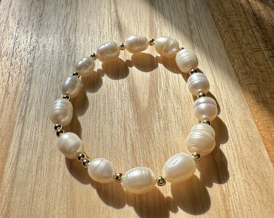 Fresh water Pearl bracelet, pearl bracelet with spacer beads, pearl and gold, Pearl freeform beads, June birthstone, birthday, elegant,
