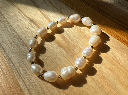 Fresh water Pearl bracelet, pearl bracelet with spacer beads, pearl and gold, Pearl freeform beads, June birthstone, birthday, elegant,