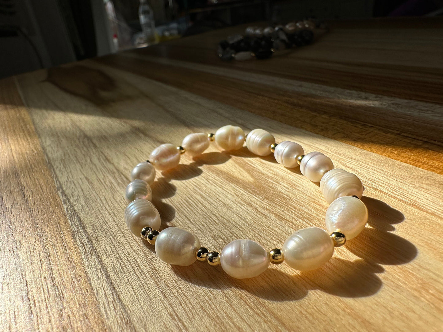 Fresh water Pearl bracelet, pearl bracelet with spacer beads, pearl and gold, Pearl freeform beads, June birthstone, birthday, elegant,