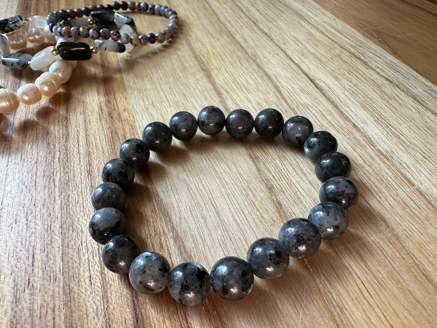 Natural gemstone, Black Larvikite stone bracelet, Evil eye, protective stone, bracelet, Root Chakra, jewelry, Aquarius stone,