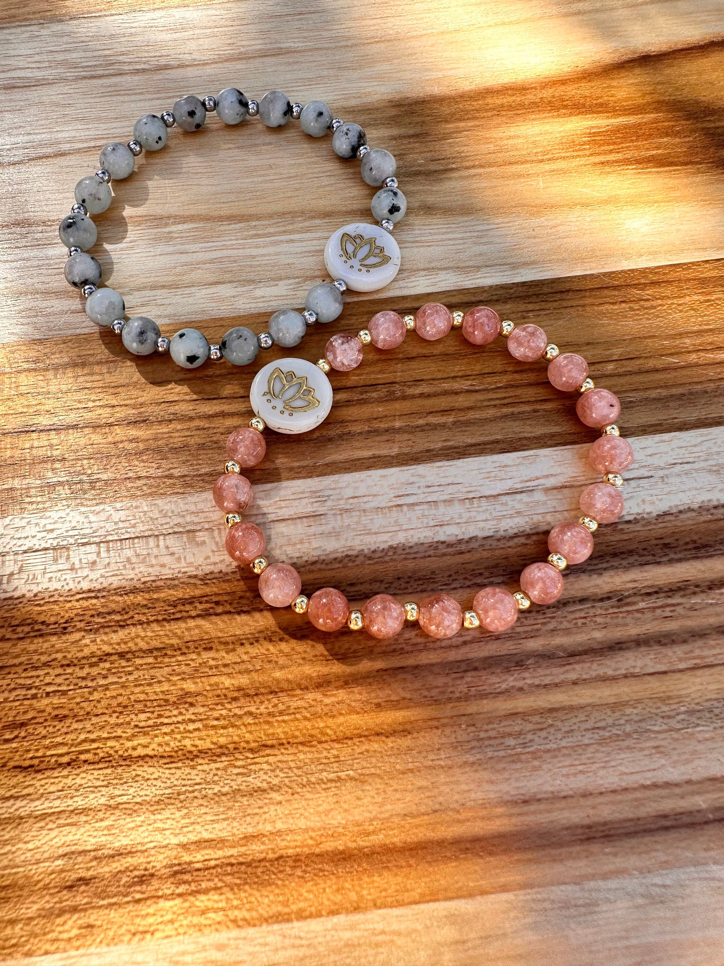 Lotus pendant bracelet, with Sunstone gemstones, and gold spacer beads, real Sunstone gems, healing stones, Lotus flower pendant