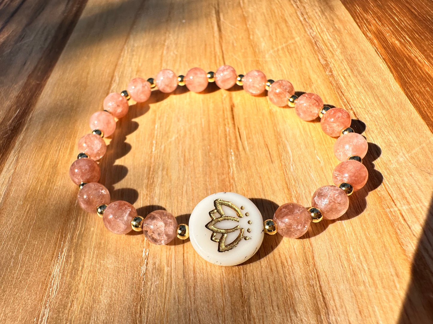 Lotus pendant bracelet, with Sunstone gemstones, and gold spacer beads, real Sunstone gems, healing stones, Lotus flower pendant