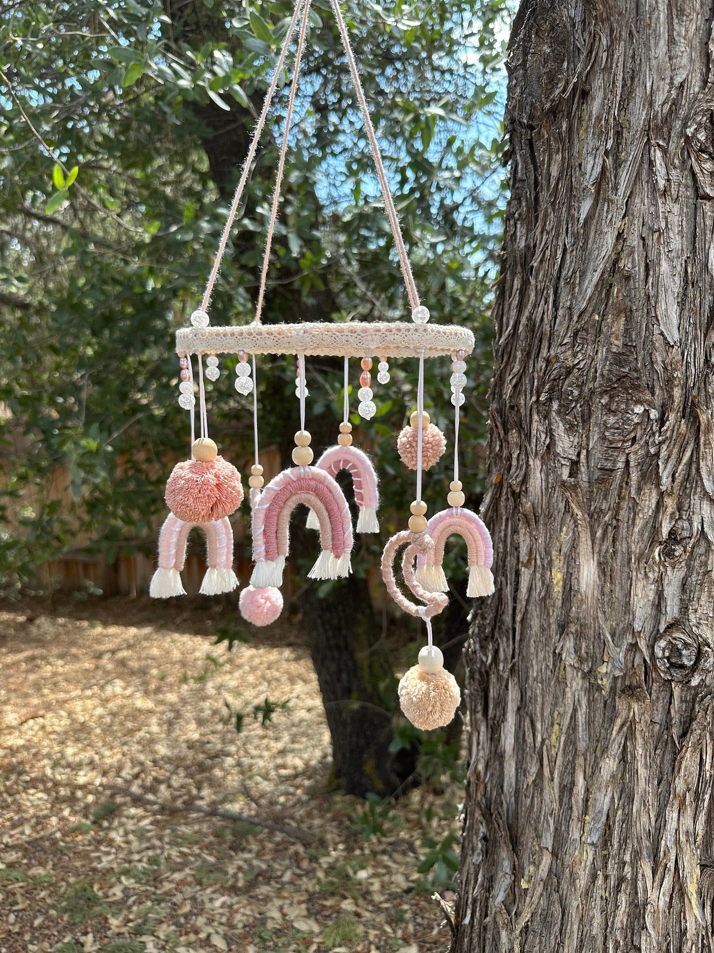 Custom one of a kind baby mobile macrame baby mobile baby girl handmade gift fresh water pearl crystal quartz blush dusty pink rainbows moon