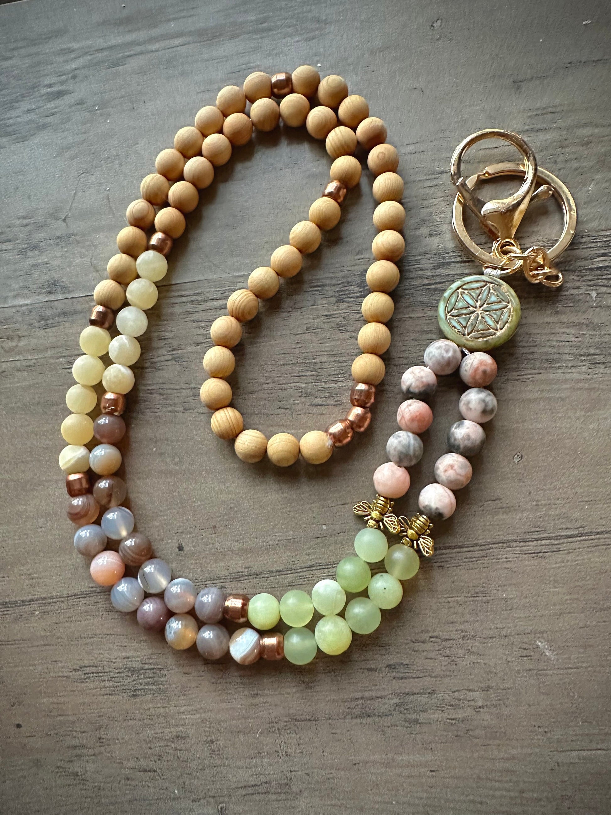 Custom natural gemstone lanyard “earth” tones artistic beaded lanyard for teachers nurses Id card holder keychain ring gift for her school