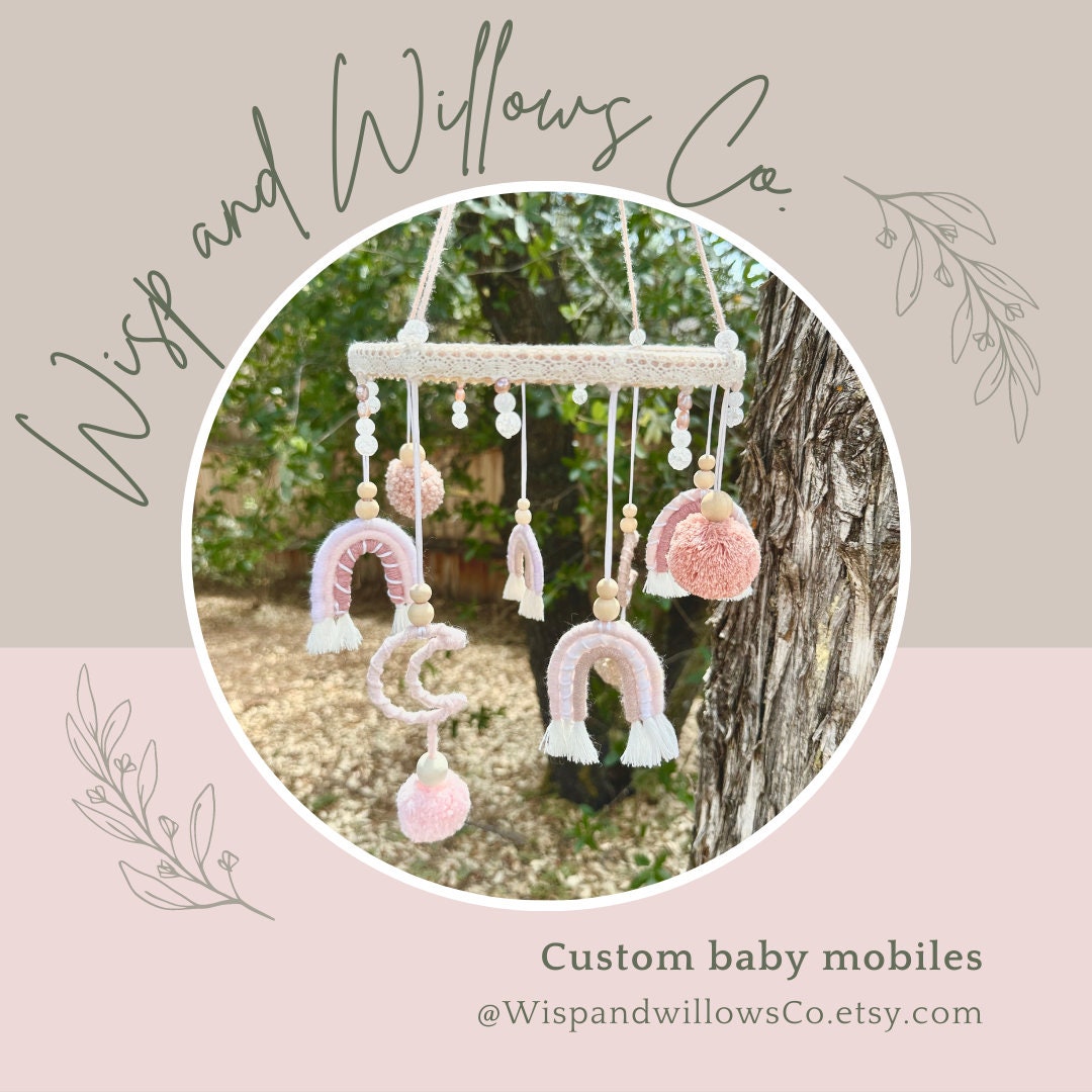 Custom one of a kind baby mobile macrame baby mobile baby girl handmade gift fresh water pearl crystal quartz blush dusty pink rainbows moon