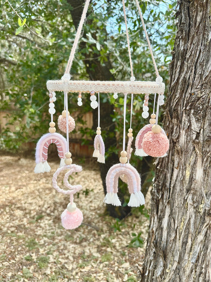 Custom one of a kind baby mobile macrame baby mobile baby girl handmade gift fresh water pearl crystal quartz blush dusty pink rainbows moon