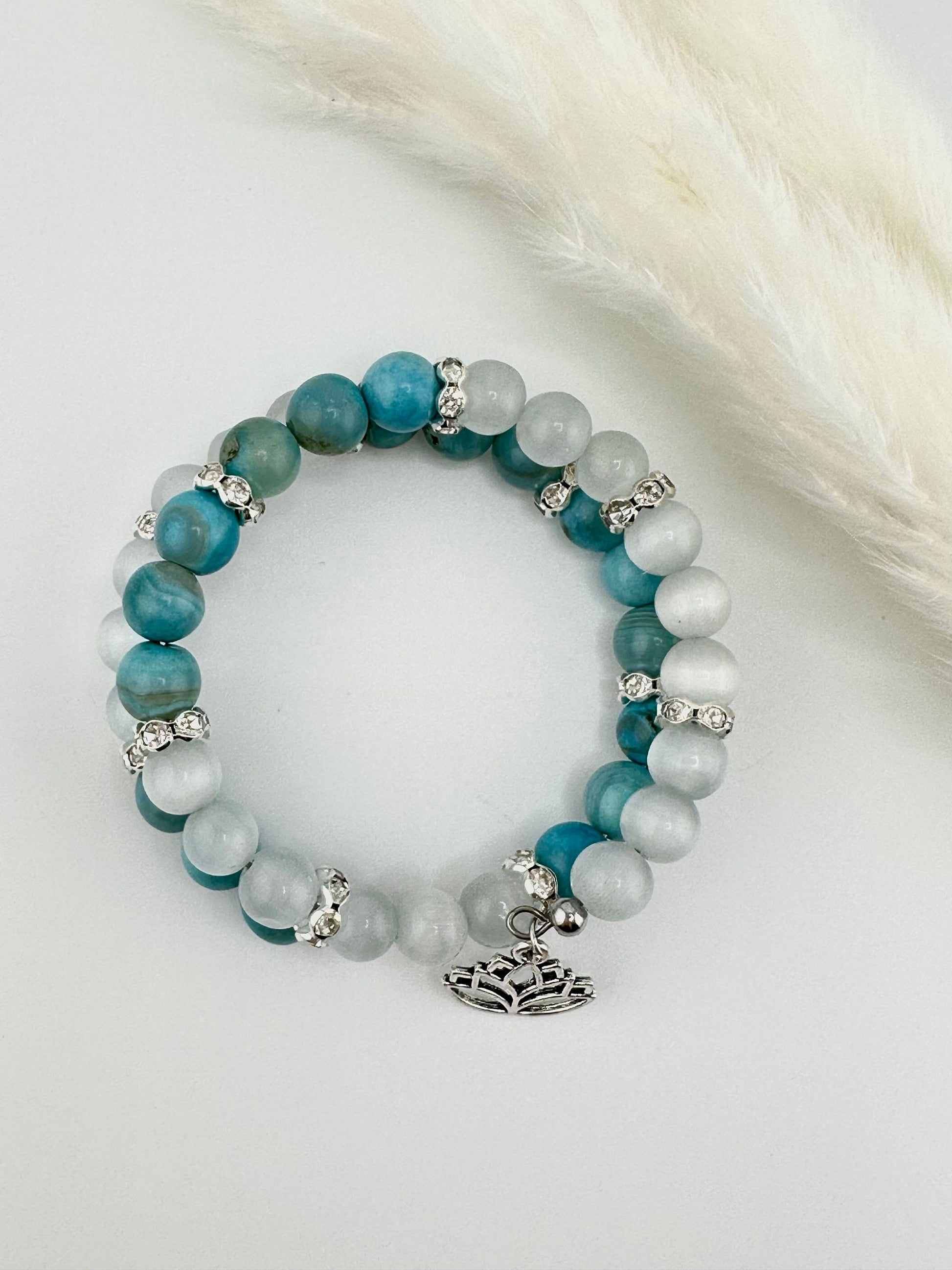 Blue Aqua Terra Agate and Selenite, memory wire bracelet, jewelry, charms, “Eases loneliness and nurtures”, healing stones, lotus, ocean