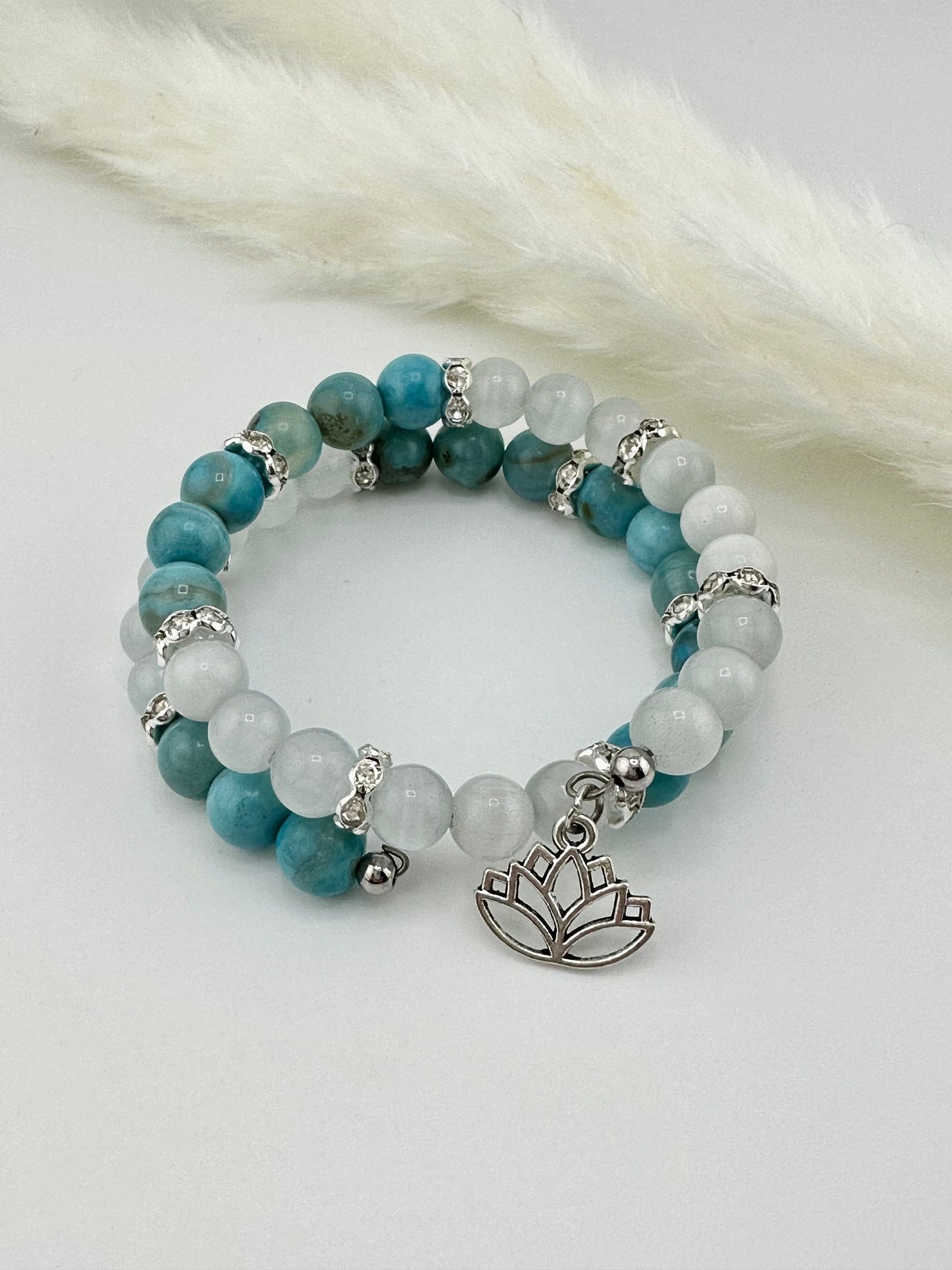 Blue Aqua Terra Agate and Selenite, memory wire bracelet, jewelry, charms, “Eases loneliness and nurtures”, healing stones, lotus, ocean