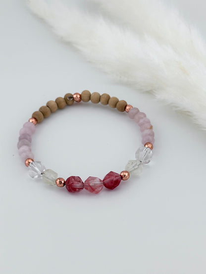 Star cut Strawberry and clear Quartz, rose quartz, sandalwood, and rose Gold Hematite, memory wire bracelet, “dispels fear, brings love”